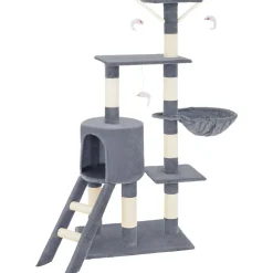 Tectake Krabpaal Dominik 144cm - Met Kattenhuisje - Grijs