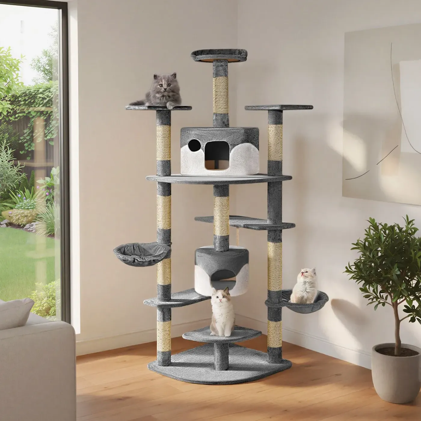 Tectake Krabpaal Fippi 201cm - Met 2 Kattenhuisjes - Grijs/wit