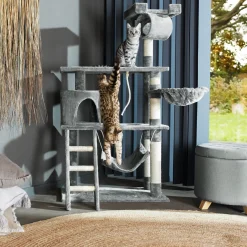 Tectake Krabpaal Marcel 141cm - Met Kattenhuisje - Grijs