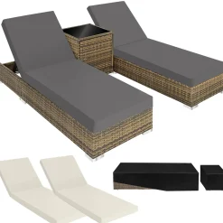 Tectake 2 Rotan Ligstoelen Met Aluminium Frame En Tafel - Inclusief Beschermhoes - Natuur
