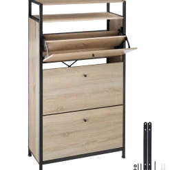 Tectake - Schoenenkast - Met 3 Kleppen - Industrieel Licht Hout, Eiken Sonoma