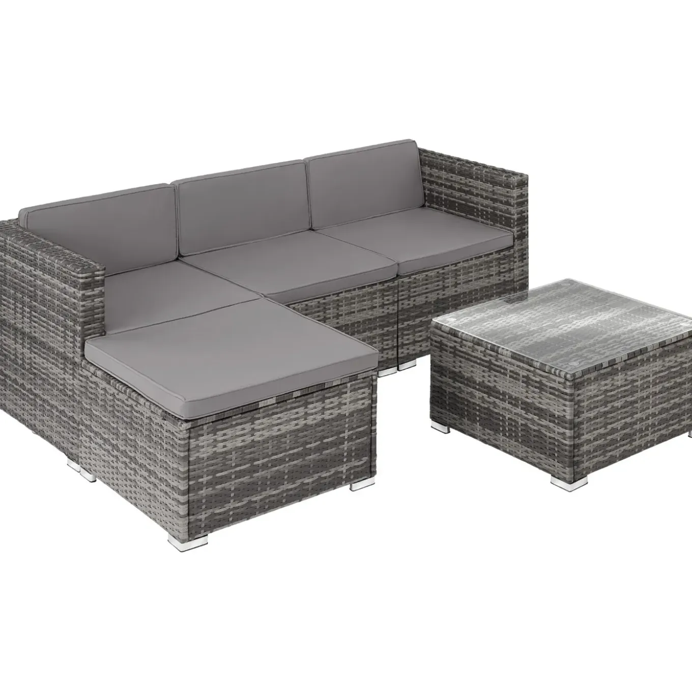 Tectake - Wicker Loungeset - Grijs - Modulair - Uv-bestendig - Stalen Frame - Met Glazen Tafel