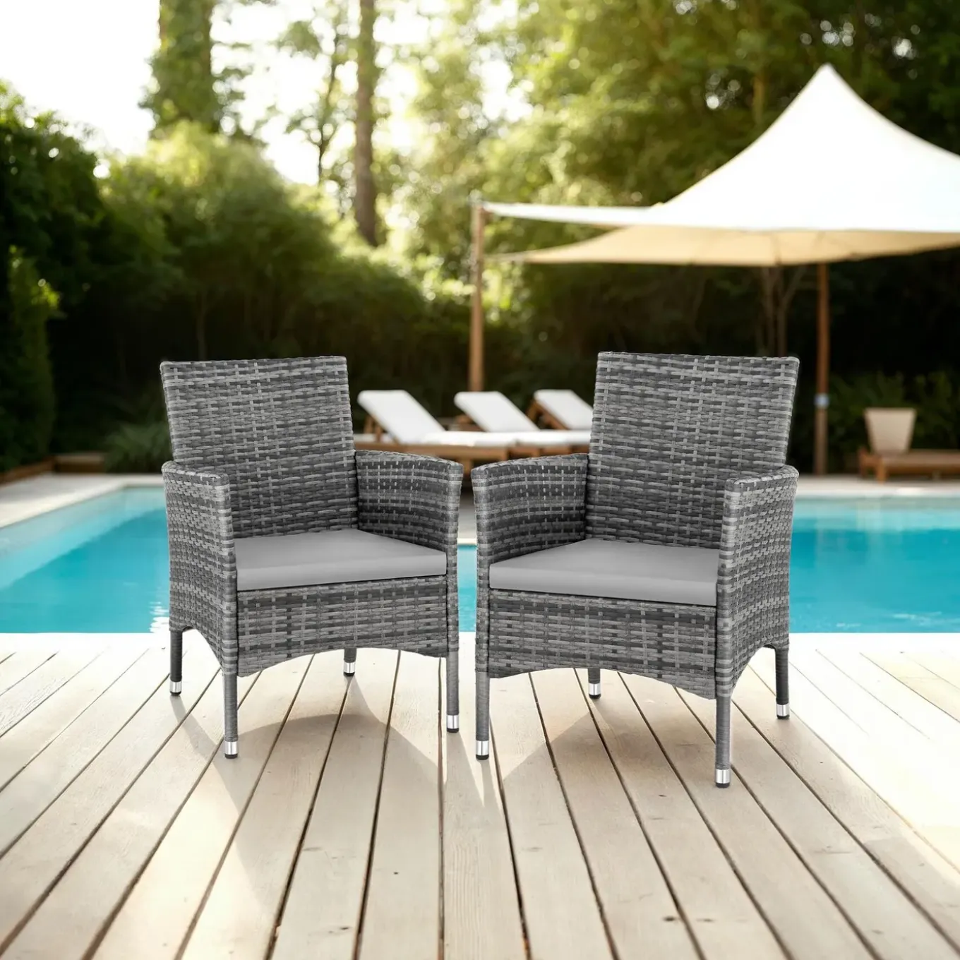 Tectake 2 Wicker Tuinstoelen Met 4 Kussenhoezen - Set Van 2 - Grijs/lichtgrijs
