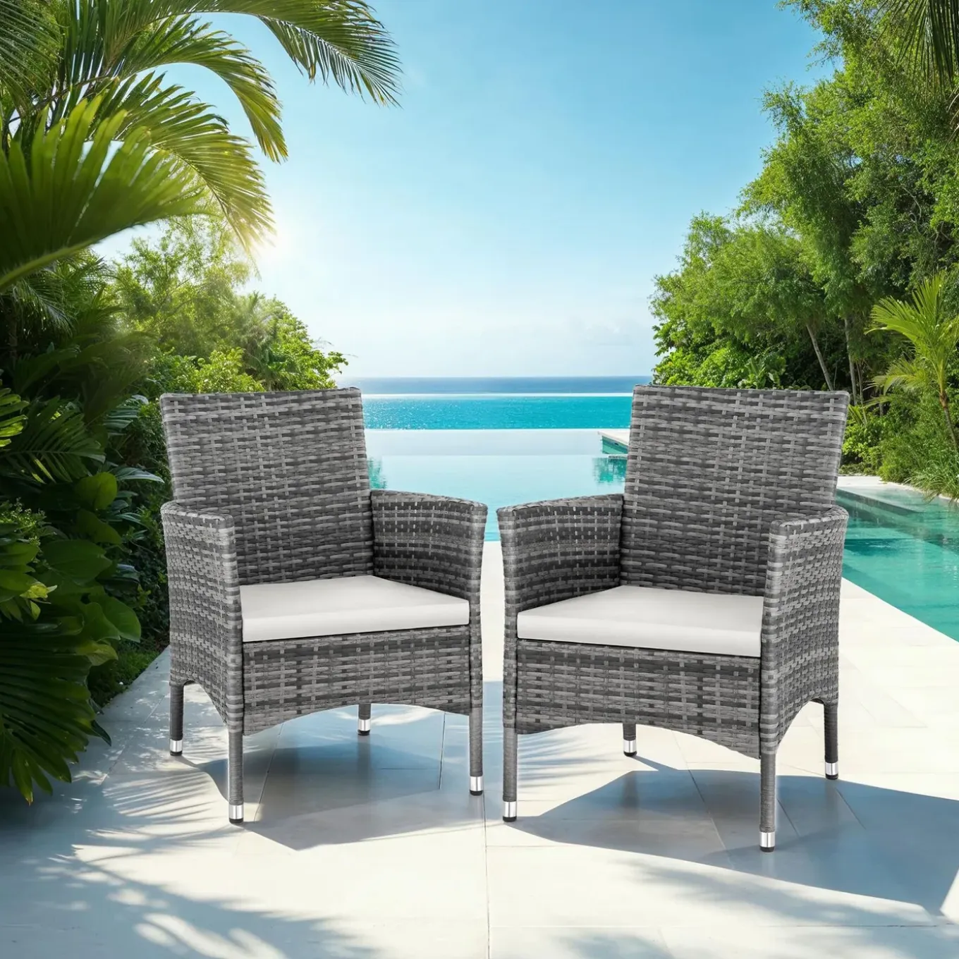 Tectake 2 Wicker Tuinstoelen Met 4 Kussenhoezen - Set Van 2 - Grijs/lichtgrijs