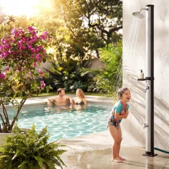 Tectake Zonnedouche Milieuvriendelijk Uv-bestendig Instelbare Draaibare Mengkraan Zwart Zilver