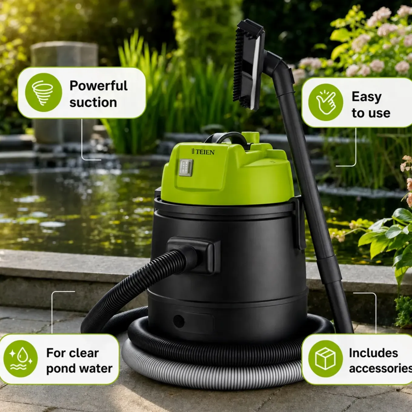 Teien 4-in-1 Vijverstofzuiger Met Afvoer 1600w 30 Liter Inclusief Accessoires