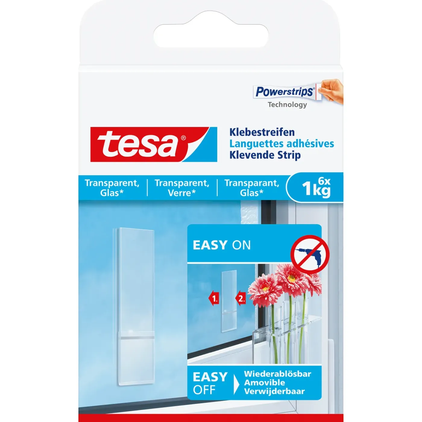 Tesa Dubbelzijdige klevende strips Powerstrips - voor glas - 1kg - transparant - 8 stuks