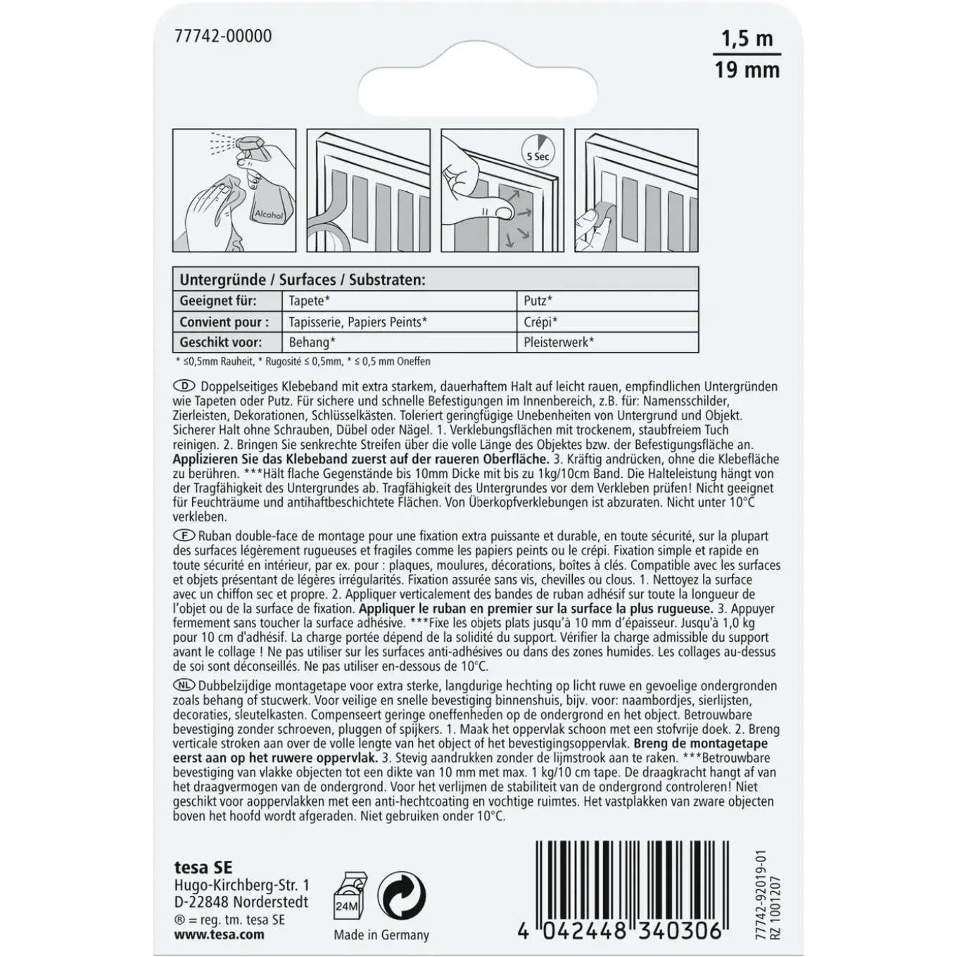 Tesa Montageband Powerbond - Transparant - 1,5m x 19mm