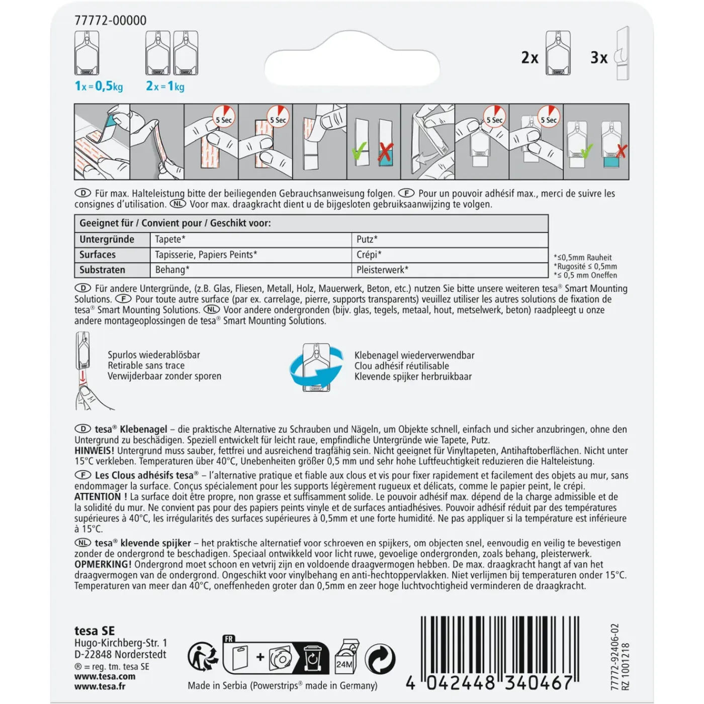 Tesa Powerstrips klevende spijker 77772 voor behang en pleisterwerk 500gr 2 stuks