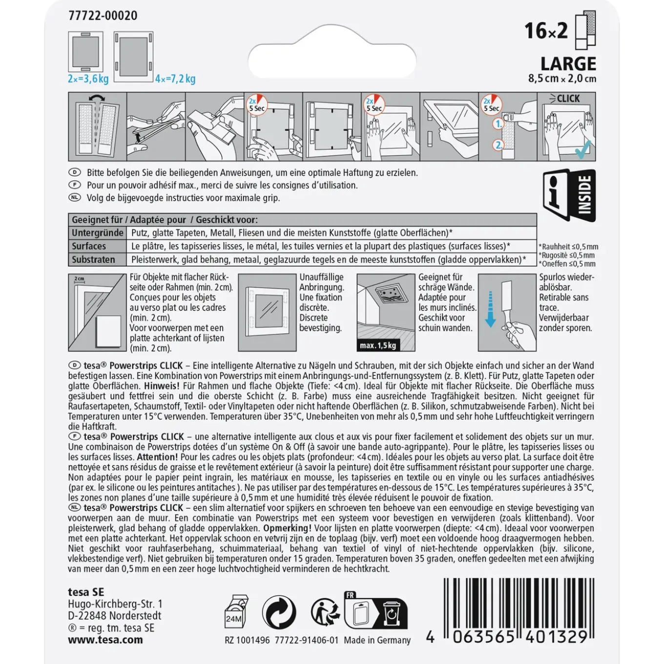Tesa zelfklevende strip Powerstrips CLICK Combo 16x2 stuks Large