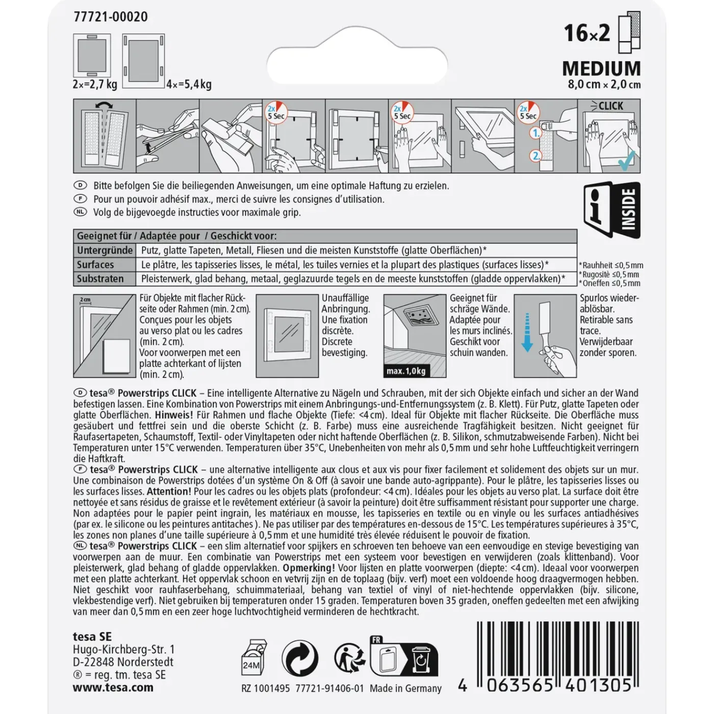 Tesa zelfklevende strip Powerstrips CLICK Combo 16x2 stuks Medium