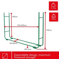 Toolland Verstelbaar houtrek voor brandhout en houtblokken, roestbestendig, breedte 150-220 cm, Groe