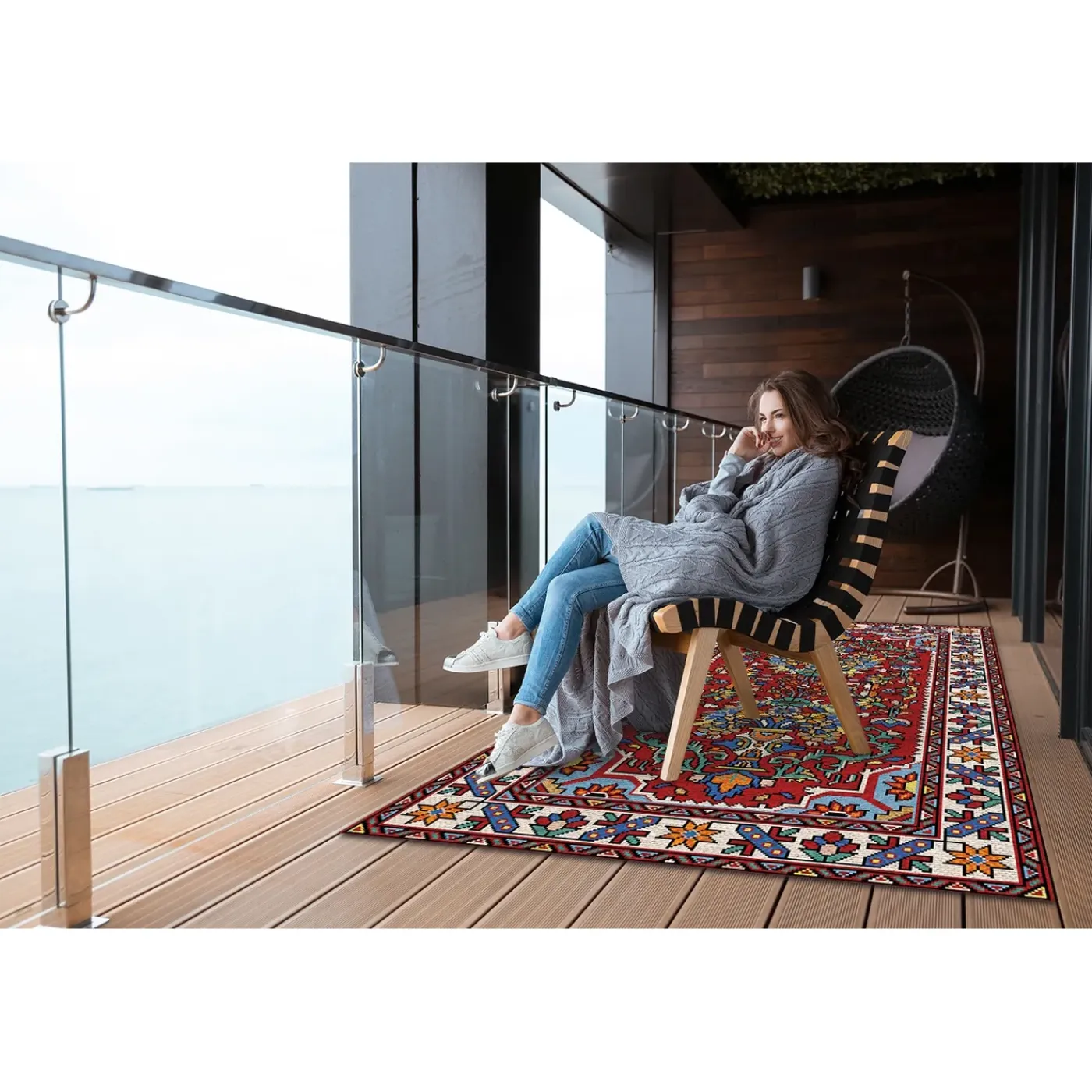 Tulup - Buitenkleed Balkon - Retro Perzische Stijl - Rood - 60x90 Cm - Tapijt Voor Buiten