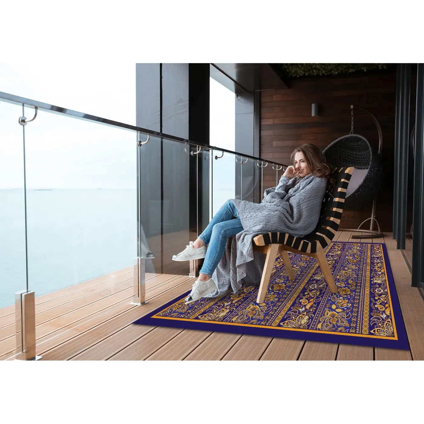 Tulup - Buitenkleed - Vintage Paisley - Blauw - 60x90 Cm - Tapijt Terras Buiten