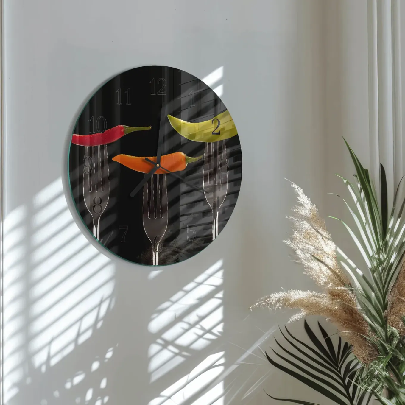 Tulup - Decoratieve Glazen Klok - Ronde - Vork - Zwart - 30 - Zwarte Handen