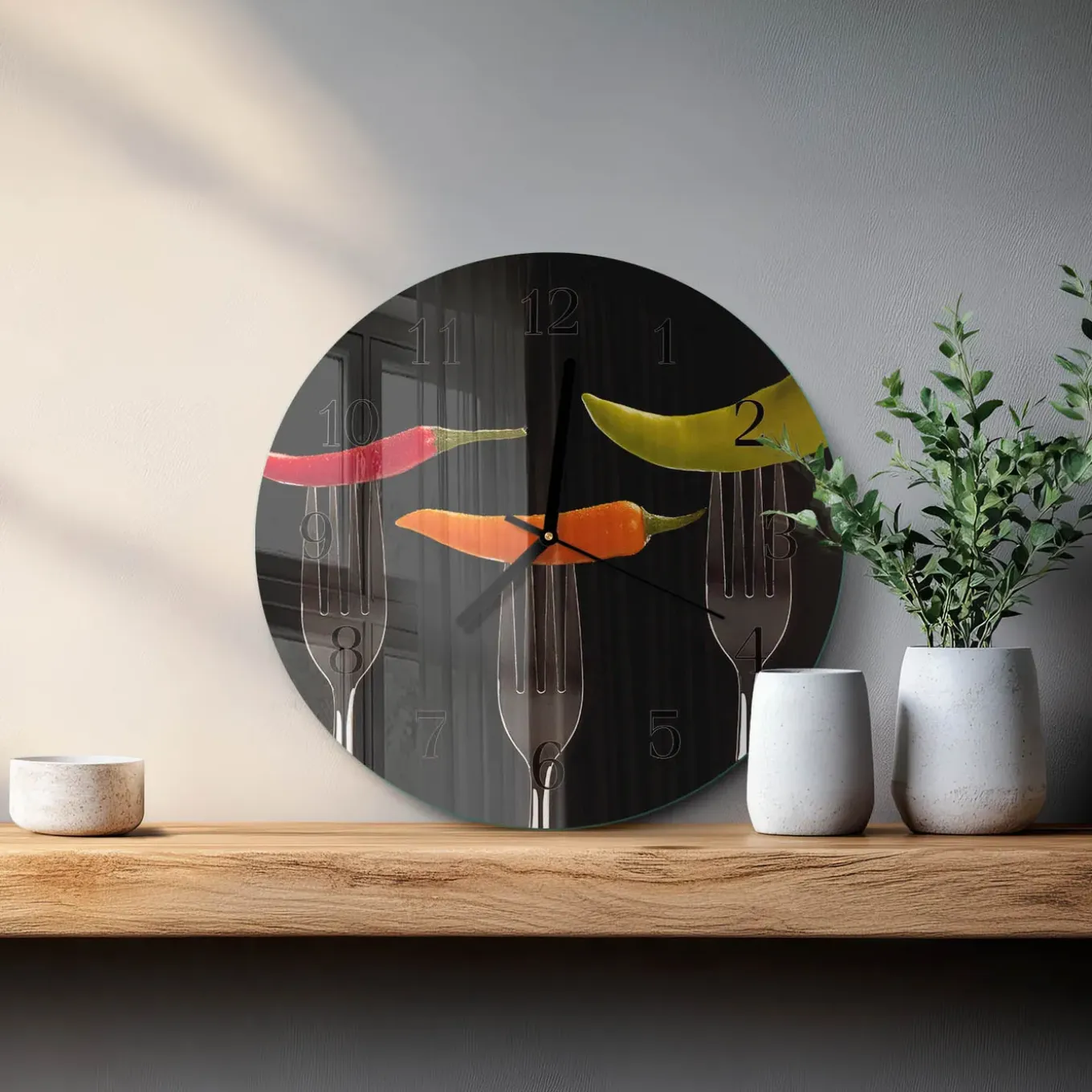 Tulup - Decoratieve Glazen Klok - Ronde - Vork - Zwart - 30 - Zwarte Handen