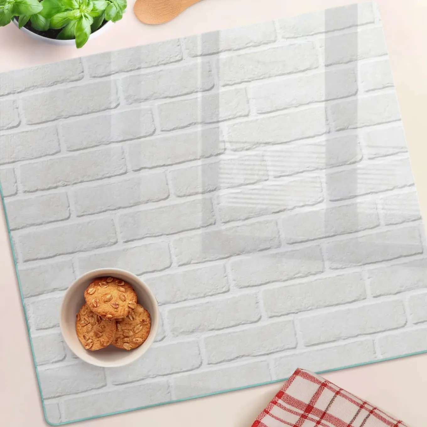 Tulup - Glas Snijplank - Bakstenen Muur - Wit - 60x52 Cm - Antislip Dienblad - Broodplankjes