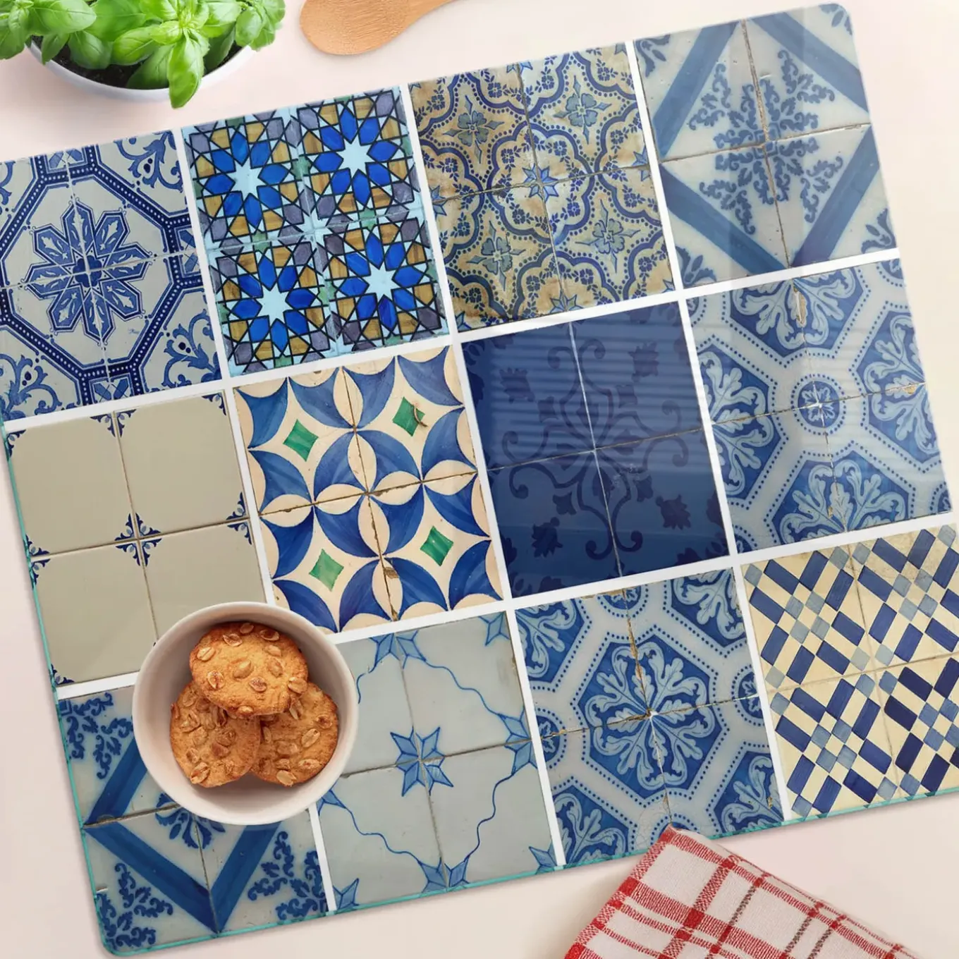 Tulup - Glas Snijplank - Tegels - Blauw - 60x52 Cm - Glazen Dienblad - Keukenbenodigdheden