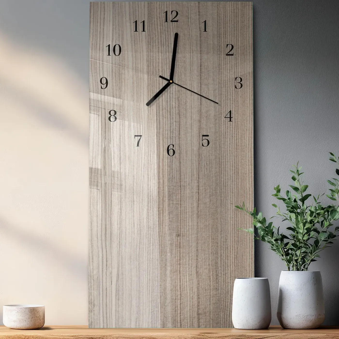 Tulup - Glazen Klok Met Print - Rechthoekige Verticaal - Hout - Beige - 30x60 - Zwarte Handen