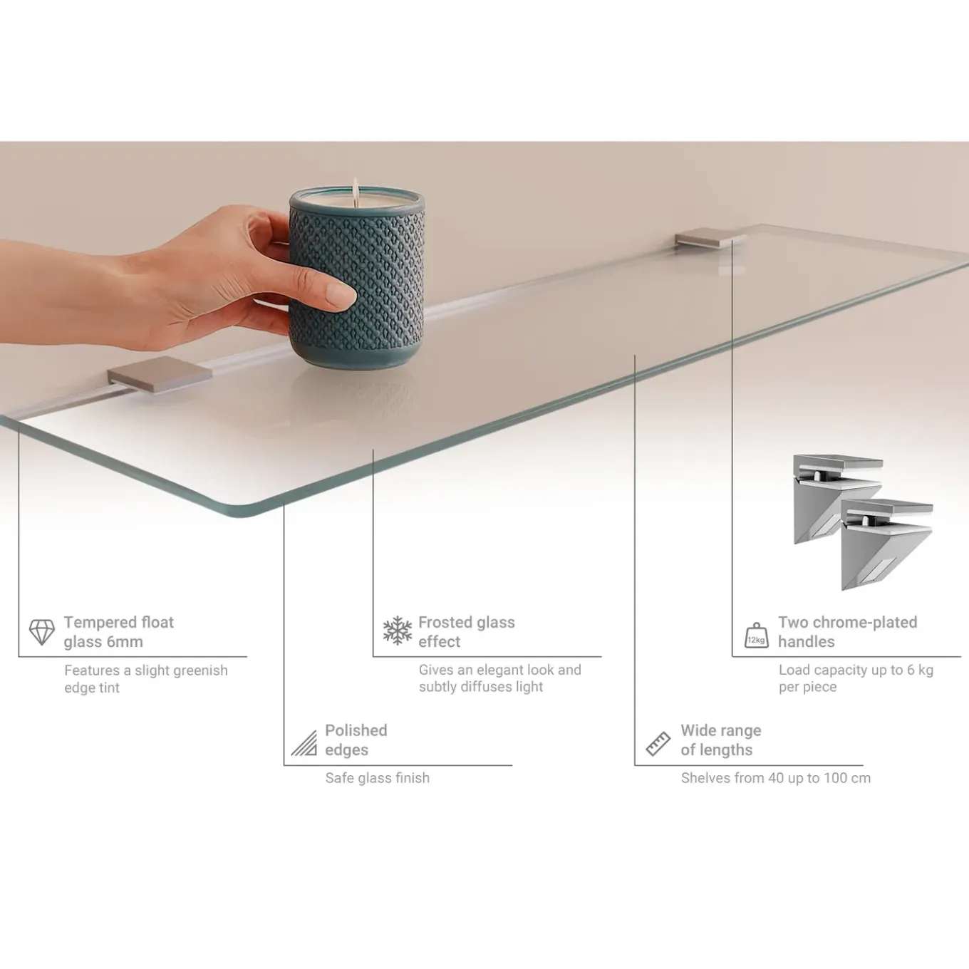Tulup - Glazen Planchet Voor De Badkamer - Halfitransparant - 40x13 Cm - Melkglas Effect
