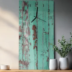 Tulup - Klok Glas Met Opdruk - Rechthoekige Verticaal - Houten Muur - Blauw - 30x60 - Zwarte Handen