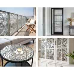 Tulup - Plakfolie Raam Glas In Lood - Geometrische Halve Cirkels - Zwart-wit - 100x116 Cm -