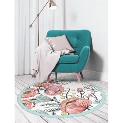 Tulup - Pvc Vloer Mat - Rond - Rood - 150 Cm - Vloerkleed Op Vinyl - Delicate Bloemen