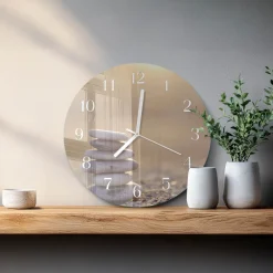 Tulup - Wandklok Glas Met Motief - Ronde - Stenen - Bruin - 30 - Witte Handen