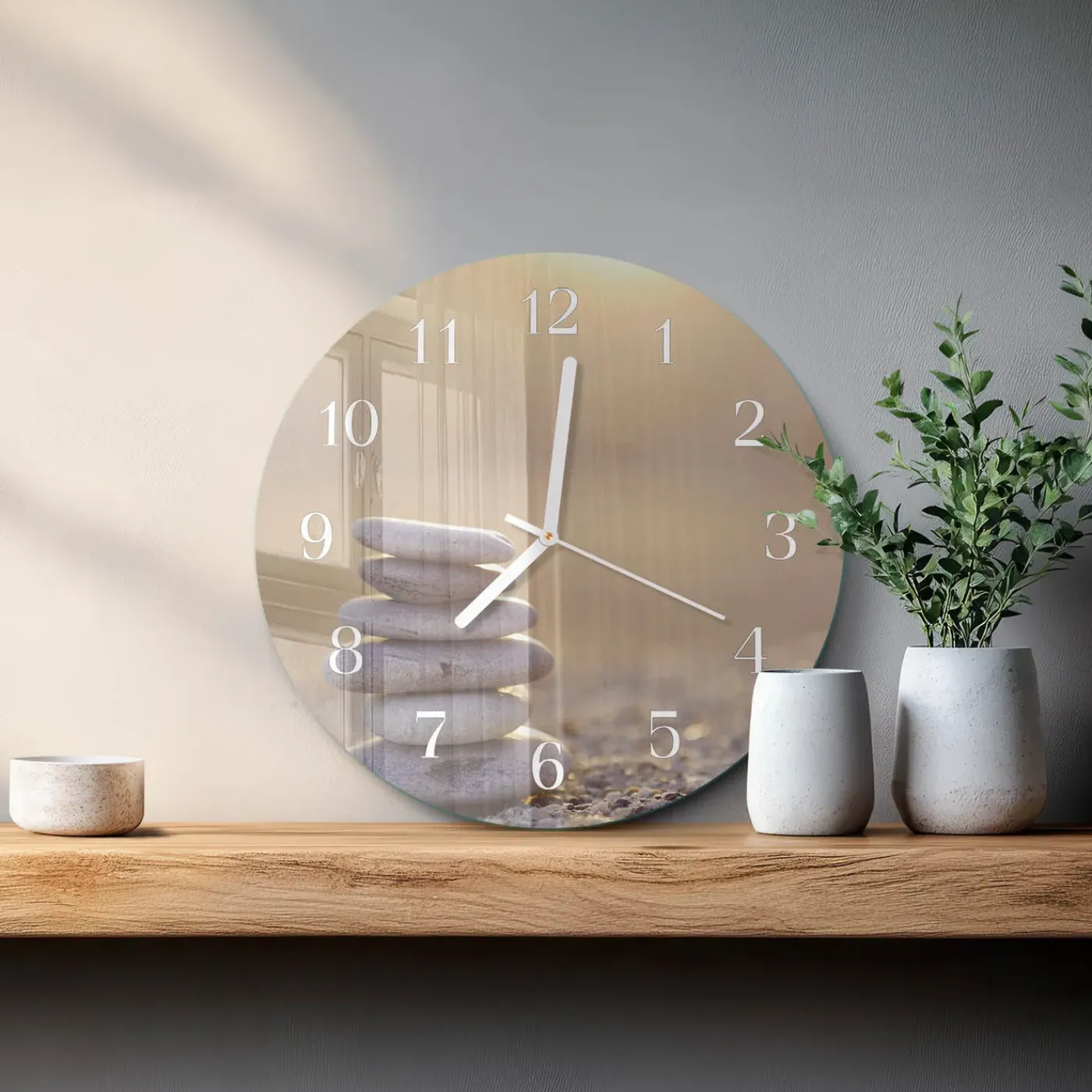 Tulup - Wandklok Glas Met Motief - Ronde - Stenen - Bruin - 30 - Witte Handen