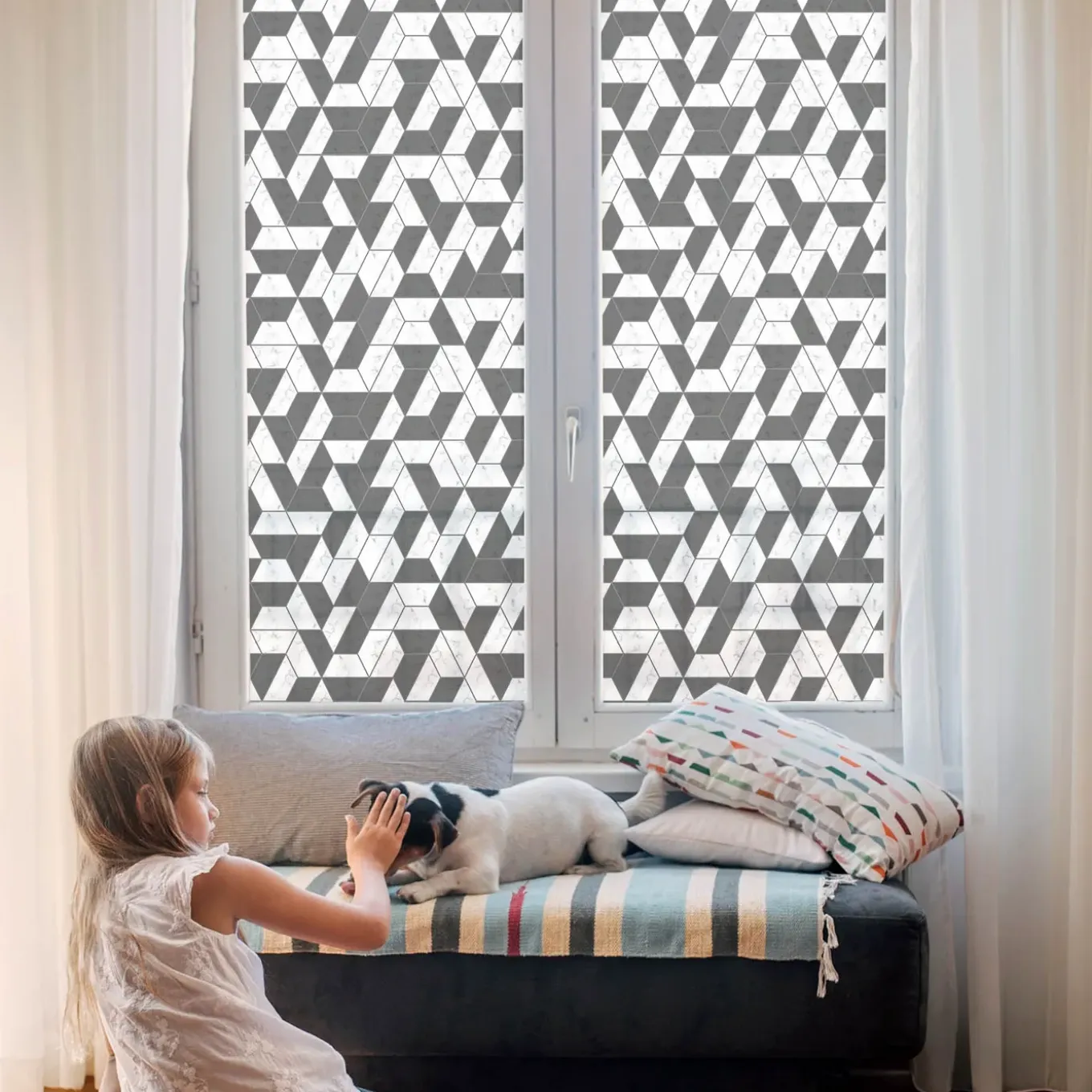 Tulup - Zelfklevende Raamfolie Glas In Lood - Geometrische Illusies - Zwart - 50x146 Cm -