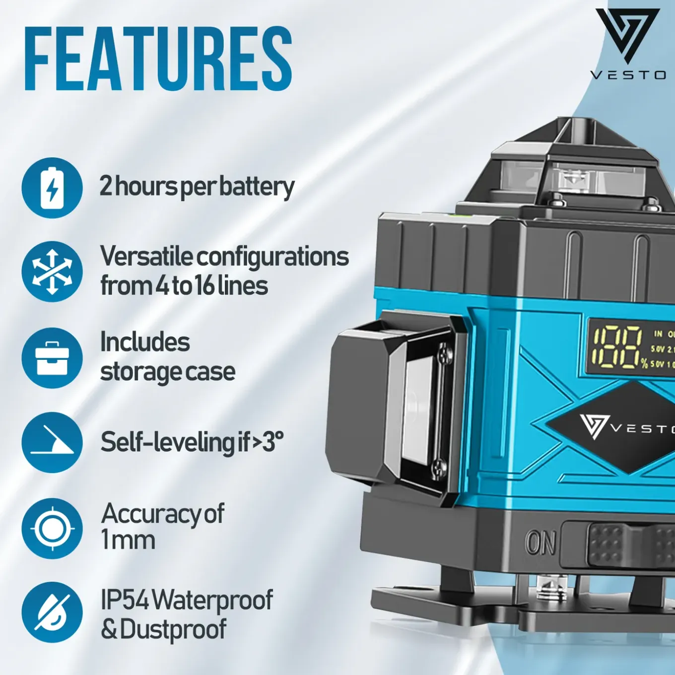 Vesto® 4d Kruislijnlaser - Zelfnivellerend Bouwlaser Met 4-16 Lijnen - 360° Rotatie - 50m Meetbereik