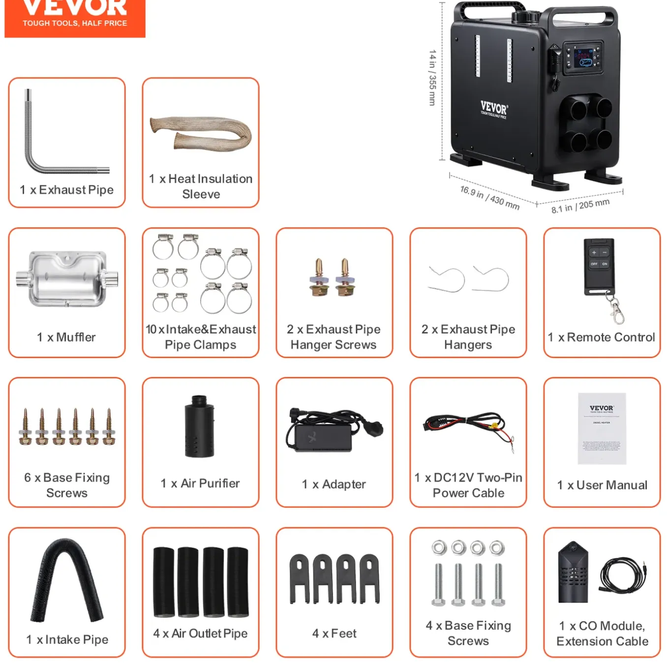 Vevor Dieselkachel 8kw 12/24v Verticaal Model, Bt App, Afst.bed., Co-alarm, Snel Warm