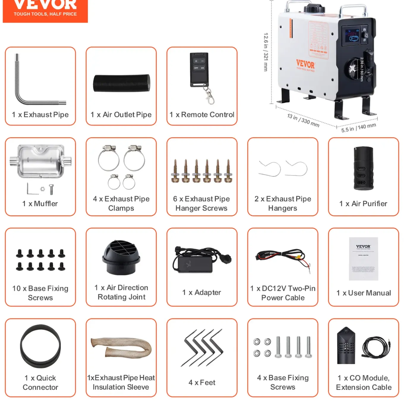 Vevor Dieselkachel (verwarming) 12v/24v 2kw Bluetooth App, Afstandsbediening, Co-alarm, Draagbaar