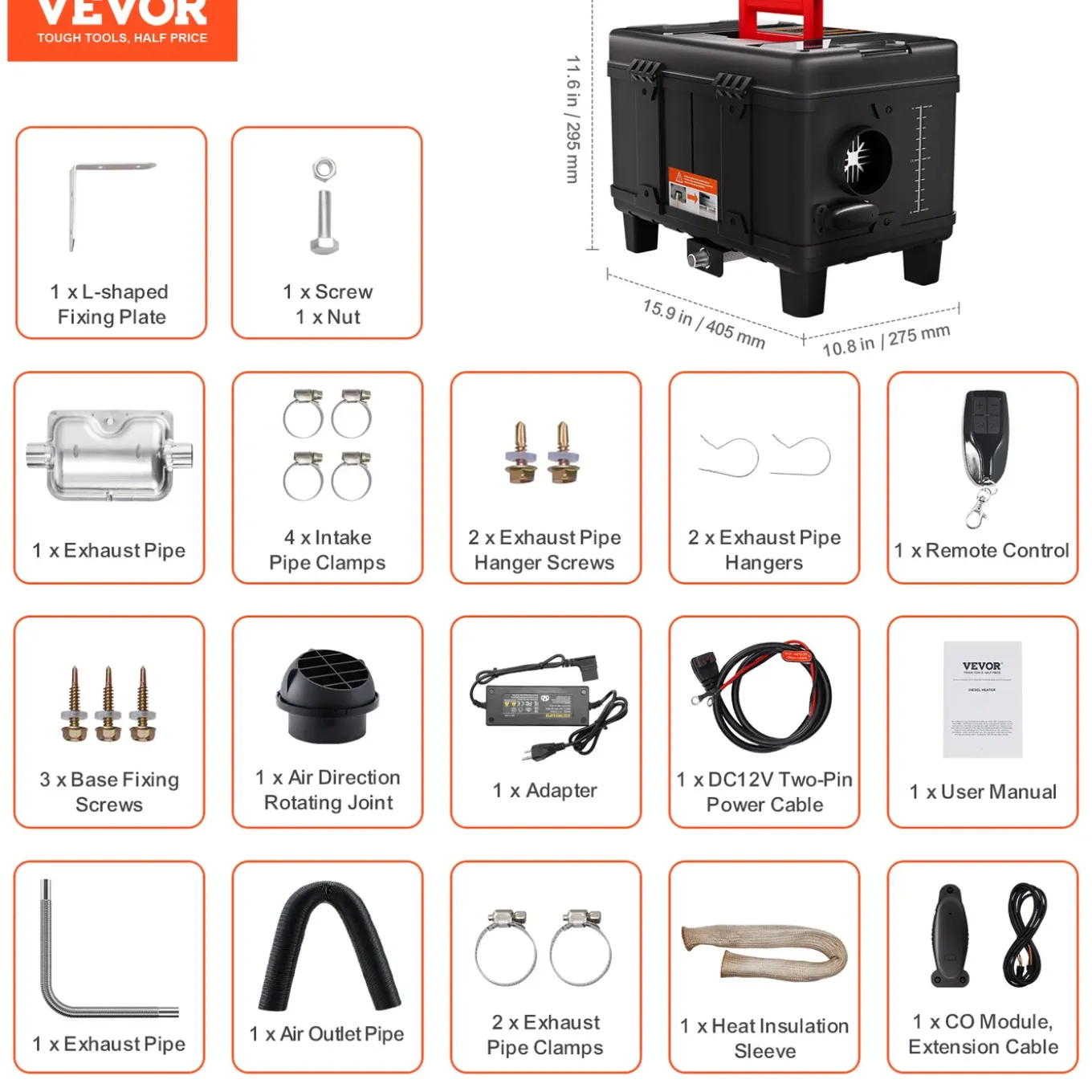 Vevor Dieselverwarming 8kw 12/24v All-in-one, Bt App, Draagbaar, Display, Co-alarm, Stil