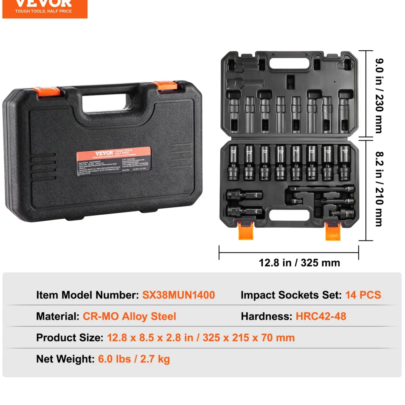 VEVOR -slagmoersleutel-doppenset-3/8-inch-14-stuks-360°-draaibaar