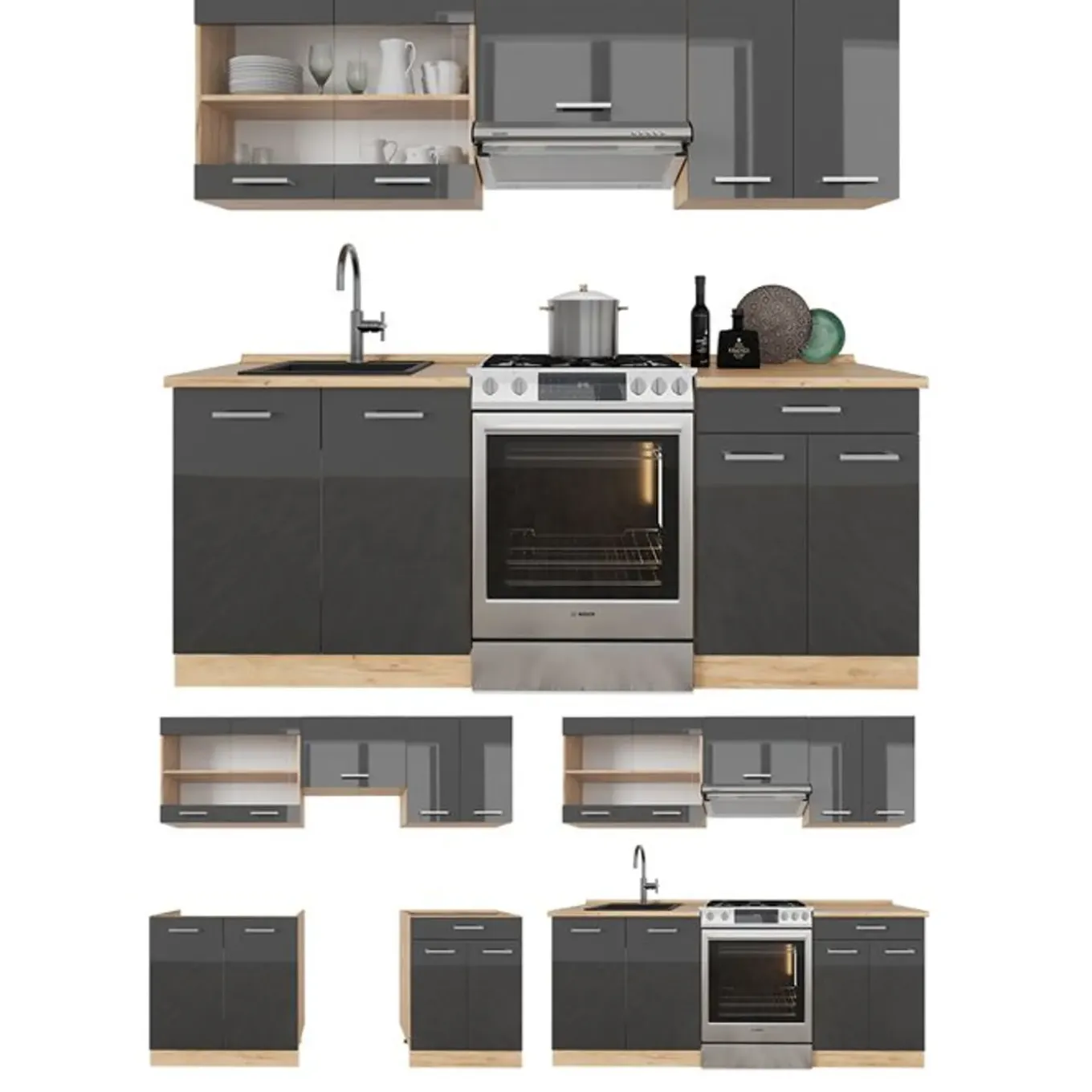 Vicco - Compacte Keuken - R-line - Glanzend Antraciet Goud-eiken - 200 Cm