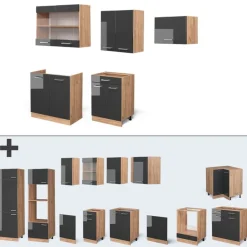 Vicco - Compacte Keuken - R-line - Glanzend Antraciet Goud-eiken - 200 Cm