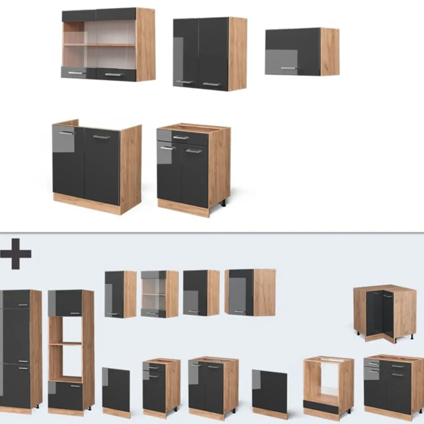 Vicco - Compacte Keuken - R-line - Glanzend Antraciet Goud-eiken - 200 Cm