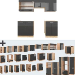 Vicco - Compacte Keuken - R-line - Glanzend Antraciet Goud-eiken - 200 Cm