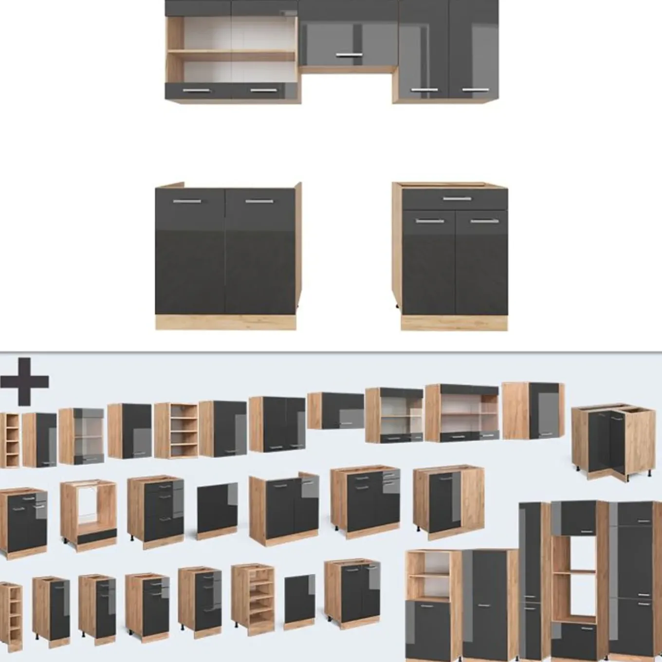Vicco - Compacte Keuken - R-line - Glanzend Antraciet Goud-eiken - 200 Cm