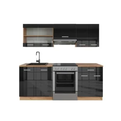 Vicco - Compacte Keuken - R-line - Glanzend Antraciet Goud-eiken - 200 Cm