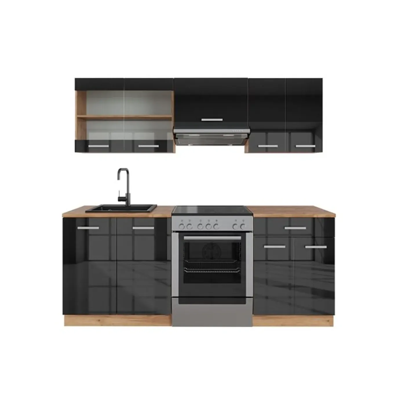 Vicco - Compacte Keuken - R-line - Glanzend Antraciet Goud-eiken - 200 Cm