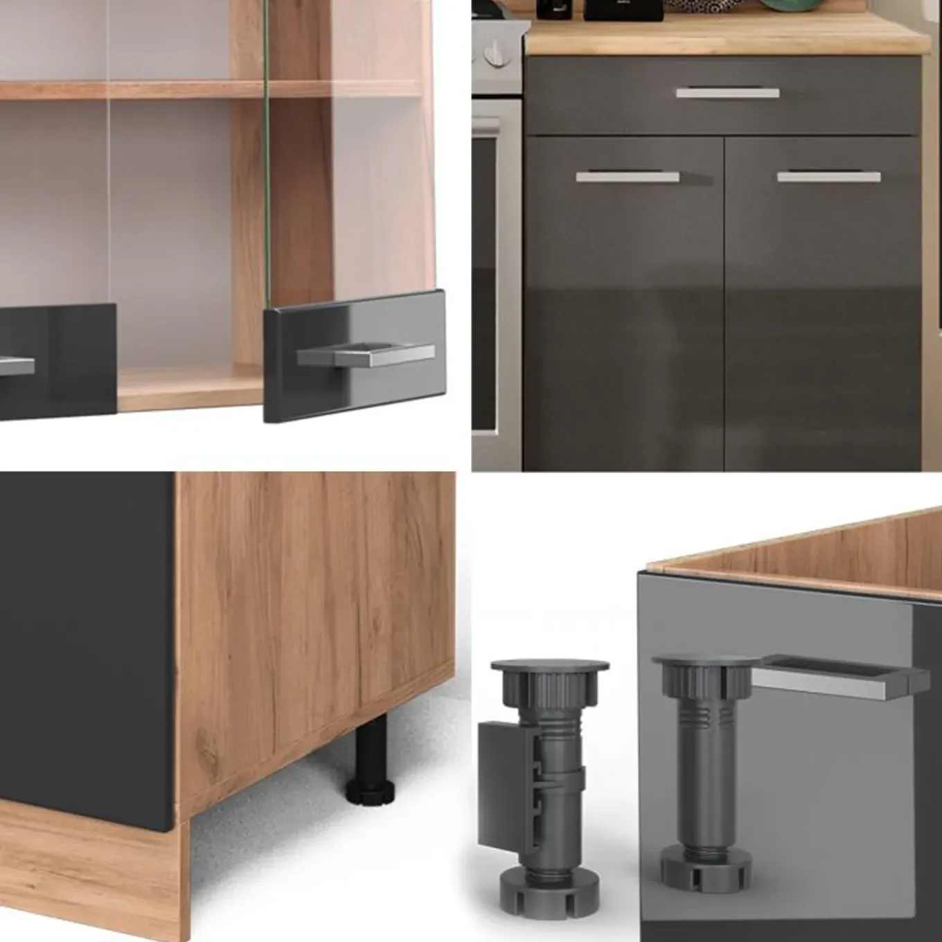 Vicco - Compacte Keuken - R-line - Glanzend Antraciet Goud-eiken - 200 Cm