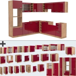 VICCO - Complete Hoekkeuken - R-line 43327 - Glanzend Rood Goudkleurig Eiken - 247 X 237 Cm