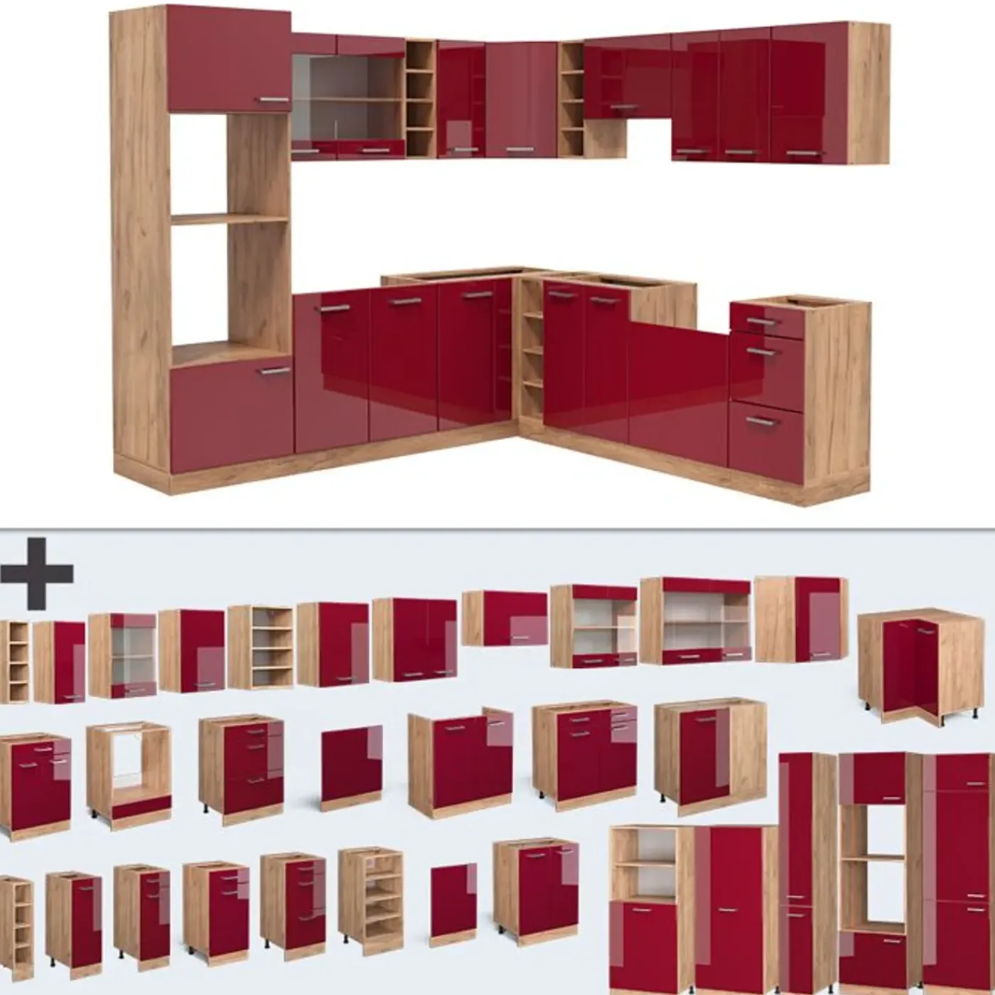 VICCO - Complete Hoekkeuken - R-line 43327 - Glanzend Rood Goudkleurig Eiken - 247 X 237 Cm
