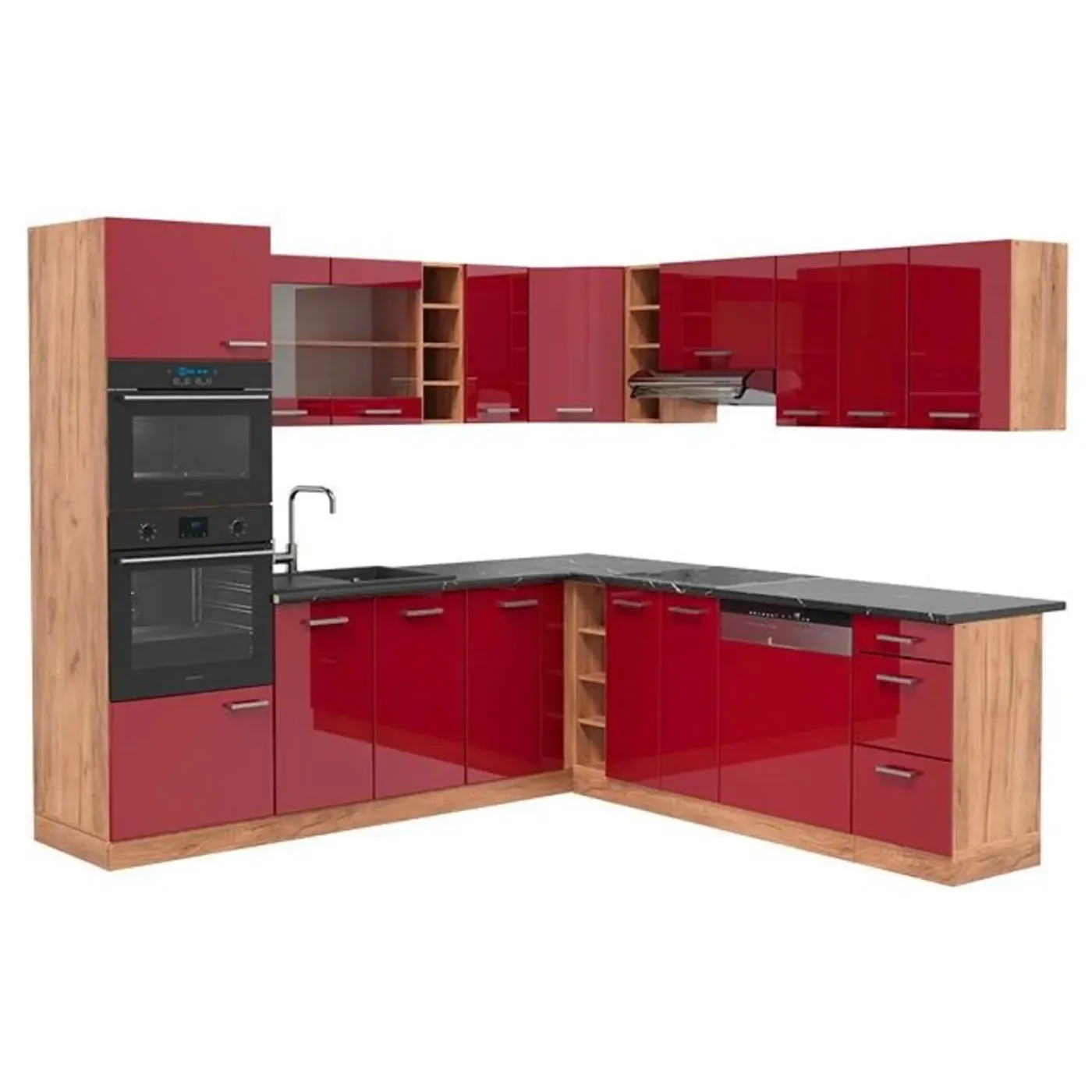 VICCO - Complete Hoekkeuken - R-line 43327 - Glanzend Rood Goudkleurig Eiken - 247 X 237 Cm