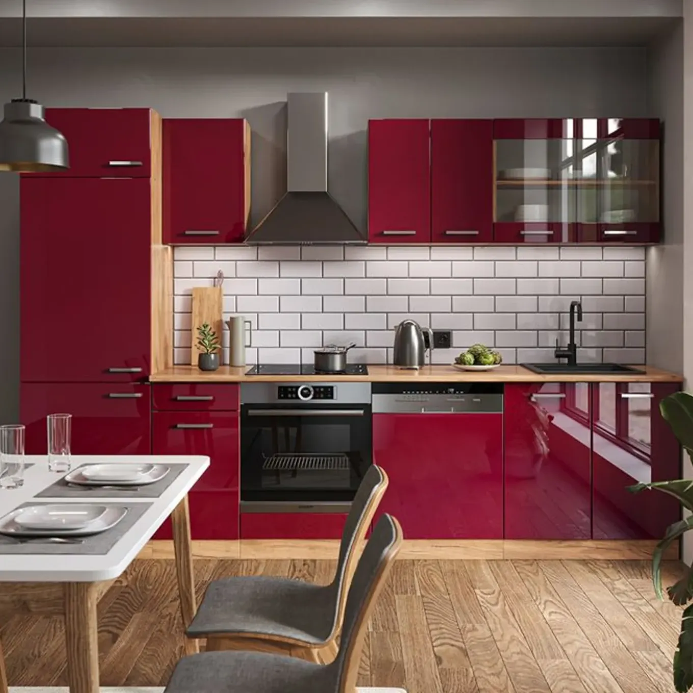 Vicco - Complete Keuken - R-line - Glanzend Rood En Goudkleurig Eiken - 300 X 207 Cm
