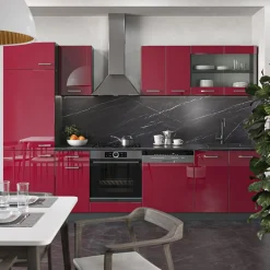 VICCO - Complete Keuken - R-line - Glanzend Rood Antraciet - Marmeren Werkblad - 300 Cm