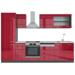 VICCO - Complete Keuken - R-line - Glanzend Rood Antraciet - Marmeren Werkblad - 300 Cm