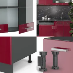 VICCO - Complete Keuken - R-line - Glanzend Rood Antraciet - Marmeren Werkblad - 300 Cm